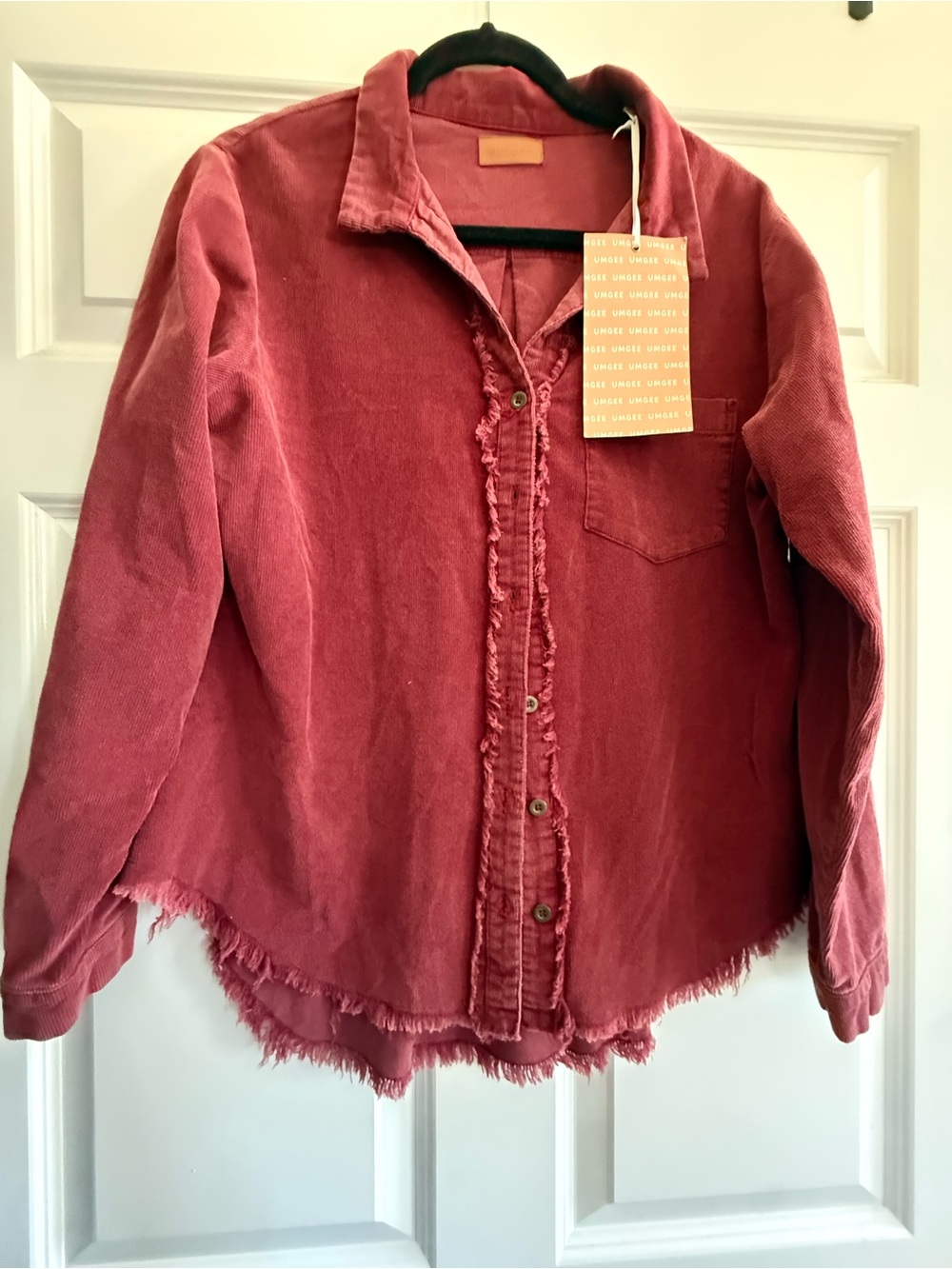 Umgee Women Frayed Corduroy Button-Down/shacket in burgundy